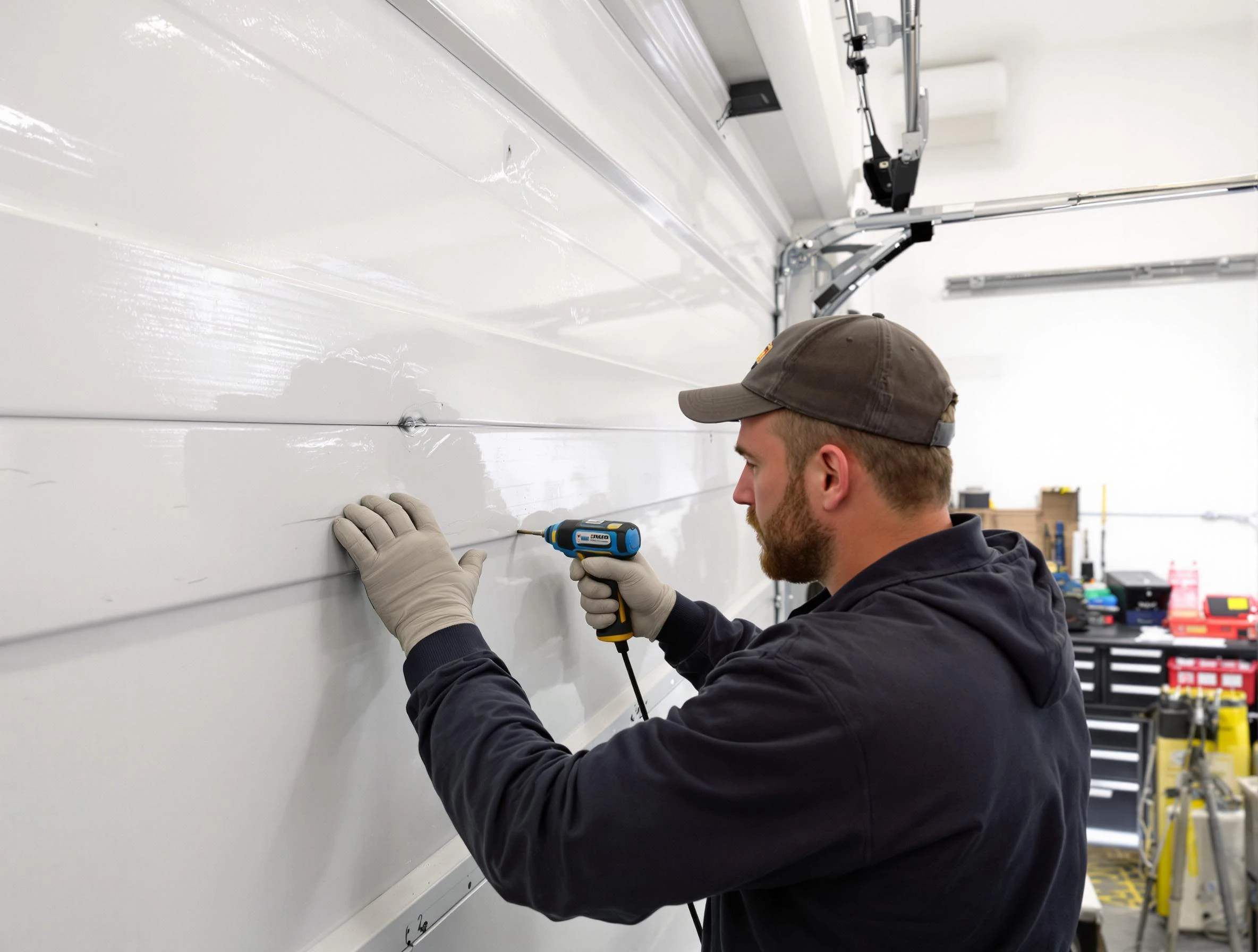 Scarborough Garage Door Repair technician demonstrating precision dent removal techniques on a Scarborough garage door
